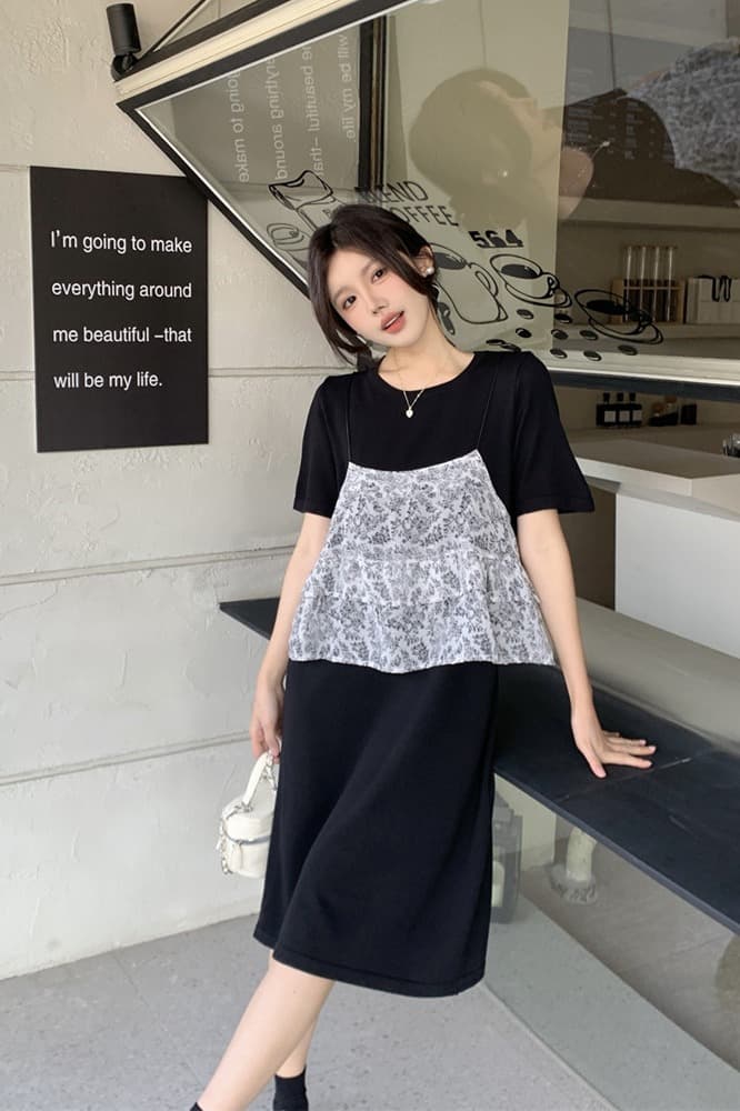 실사 빅 사이즈 여성 의류 지방 mm 프랑스식 꽃무늬 페이크 레이어드 드레스 루즈핏 디자인 센스 슬림해 보이는 표지 배 치마 이미지 7