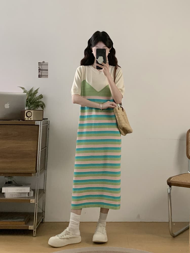 실사 빅 사이즈 여성 의류 봄 여름 새로운 지방 mm 프랑스식 품격 패치워크 페이크 레이어드 표지 배 슬림해 보이는 반팔 드레스 이미지 2
