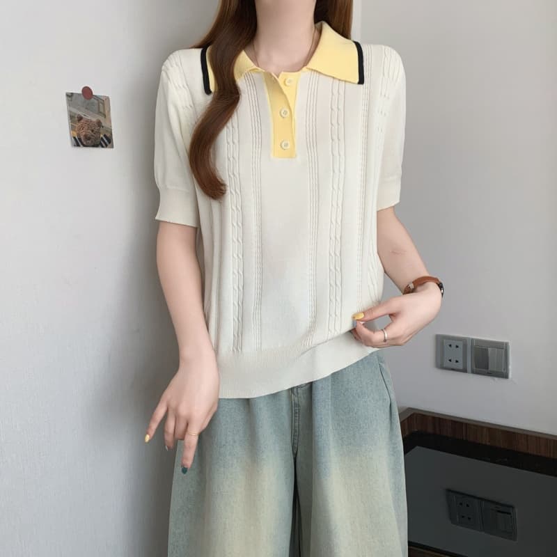 실사 빅 사이즈 여성 의류 지방 mm 폴로 칼라 꽈배기 고유 한 품격 맨위 작은 대중 반팔 회색 POLO 칼라 니트 스웨터 이미지 2