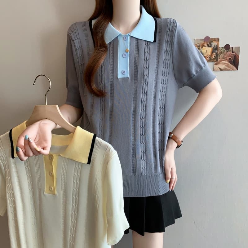 실사 빅 사이즈 여성 의류 지방 mm 폴로 칼라 꽈배기 고유 한 품격 맨위 작은 대중 반팔 회색 POLO 칼라 니트 스웨터 상세 이미지 1