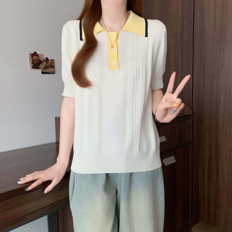 실사 빅 사이즈 여성 의류 지방 mm 폴로 칼라 꽈배기 고유 한 품격 맨위 작은 대중 반팔 회색 POLO 칼라 니트 스웨터 상세 이미지 2