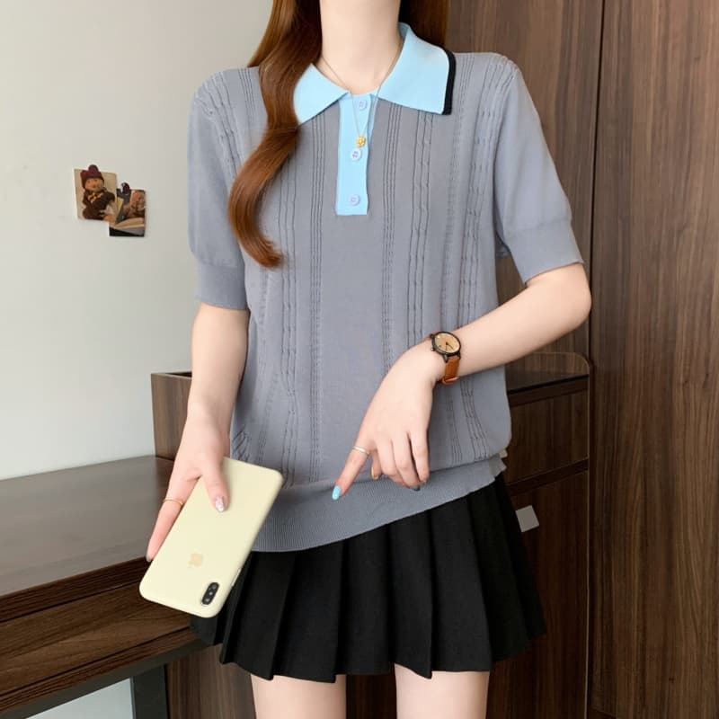 실사 빅 사이즈 여성 의류 지방 mm 폴로 칼라 꽈배기 고유 한 품격 맨위 작은 대중 반팔 회색 POLO 칼라 니트 스웨터 상세 이미지 6