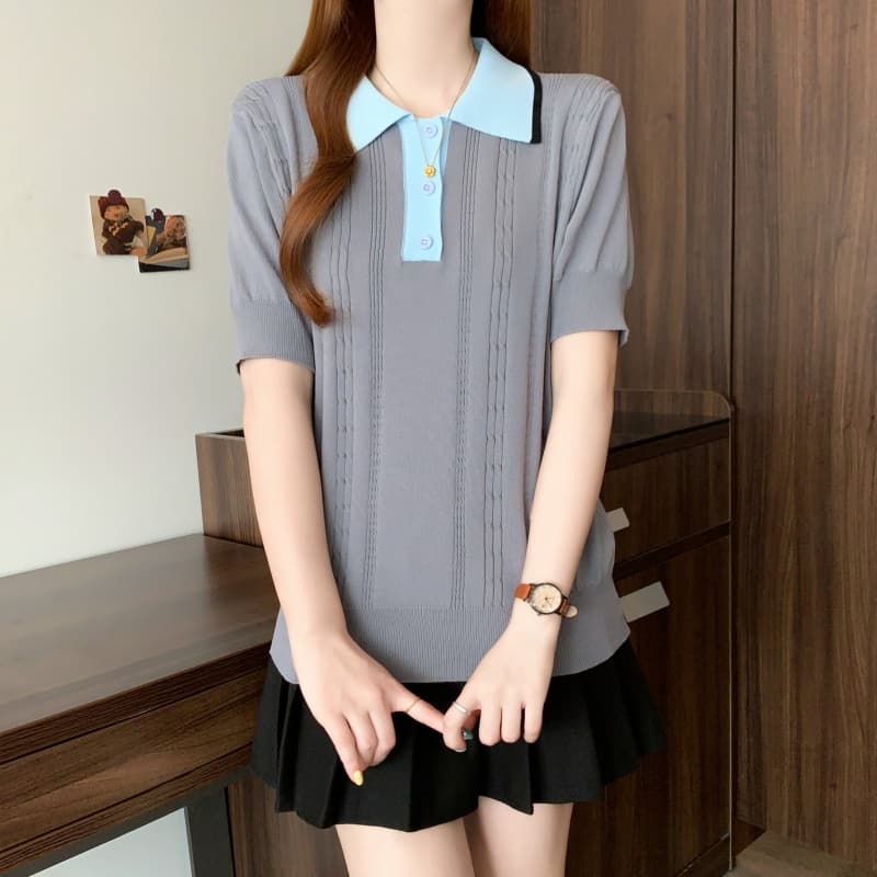 실사 빅 사이즈 여성 의류 지방 mm 폴로 칼라 꽈배기 고유 한 품격 맨위 작은 대중 반팔 회색 POLO 칼라 니트 스웨터 상세 이미지 7