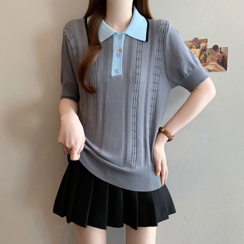 실사 빅 사이즈 여성 의류 지방 mm 폴로 칼라 꽈배기 고유 한 품격 맨위 작은 대중 반팔 회색 POLO 칼라 니트 스웨터 상세 이미지 11