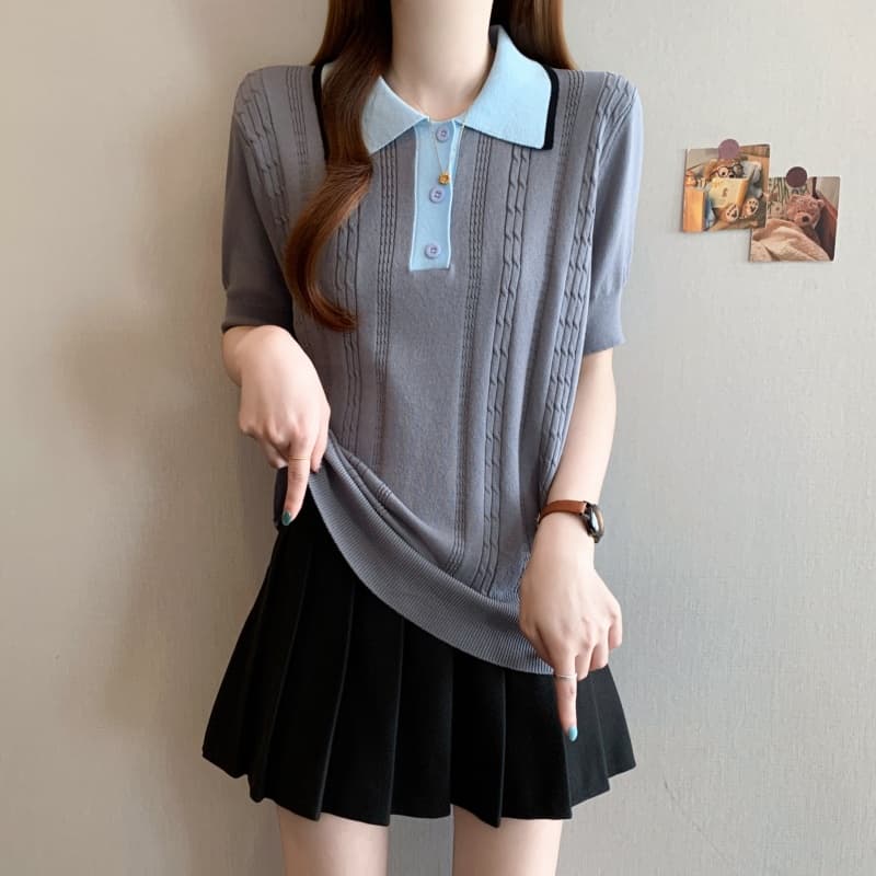 실사 빅 사이즈 여성 의류 지방 mm 폴로 칼라 꽈배기 고유 한 품격 맨위 작은 대중 반팔 회색 POLO 칼라 니트 스웨터 상세 이미지 12