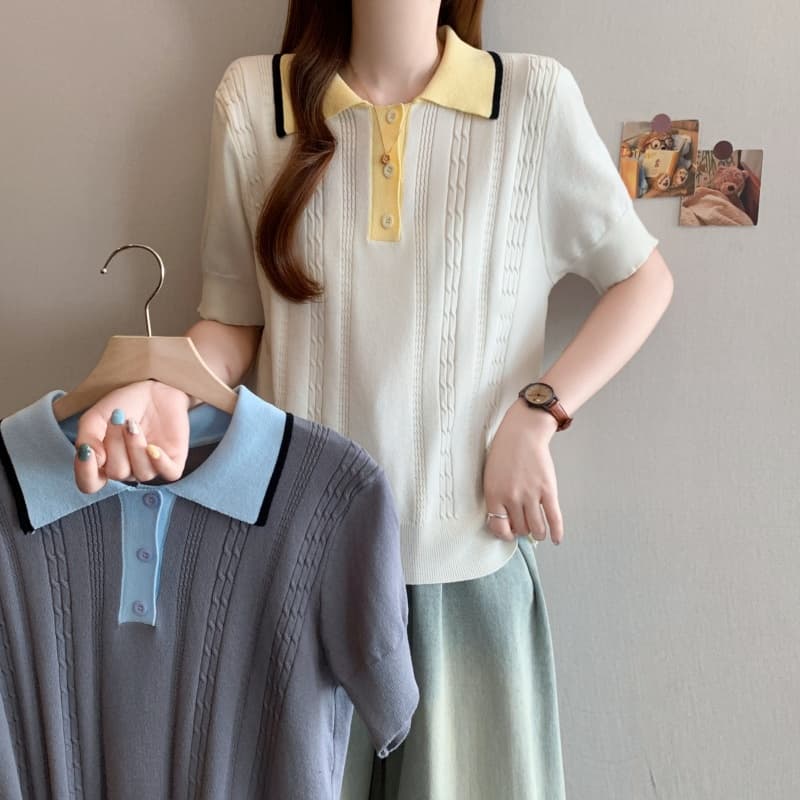 실사 빅 사이즈 여성 의류 지방 mm 폴로 칼라 꽈배기 고유 한 품격 맨위 작은 대중 반팔 회색 POLO 칼라 니트 스웨터 상세 이미지 20