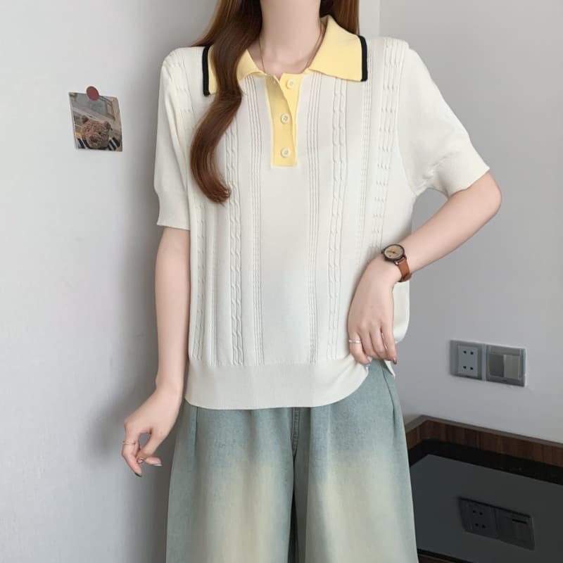 실사 빅 사이즈 여성 의류 지방 mm 폴로 칼라 꽈배기 고유 한 품격 맨위 작은 대중 반팔 회색 POLO 칼라 니트 스웨터 상세 이미지 25
