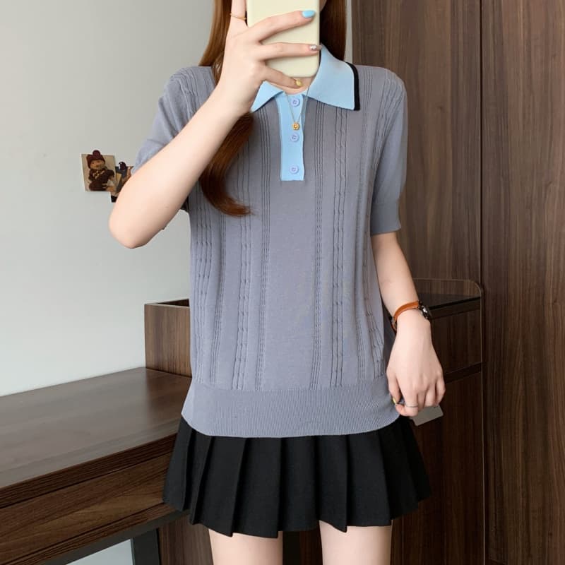 실사 빅 사이즈 여성 의류 지방 mm 폴로 칼라 꽈배기 고유 한 품격 맨위 작은 대중 반팔 회색 POLO 칼라 니트 스웨터