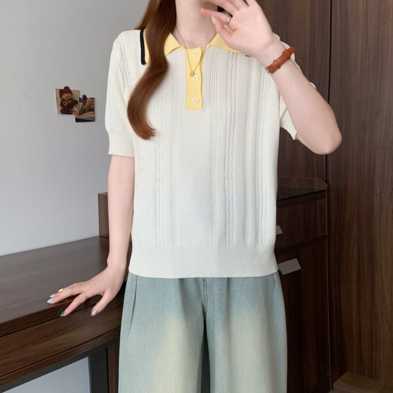 실사 빅 사이즈 여성 의류 지방 mm 폴로 칼라 꽈배기 고유 한 품격 맨위 작은 대중 반팔 회색 POLO 칼라 니트 스웨터 이미지 4