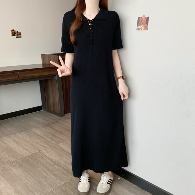 실사 빅 사이즈 여성 의류 봄 여름 고급 센스 니트 드레스 지방 mm 디자인 센스 POLO 칼라 슬림해 보이는 표지 배 롱 스커트 이미지 6