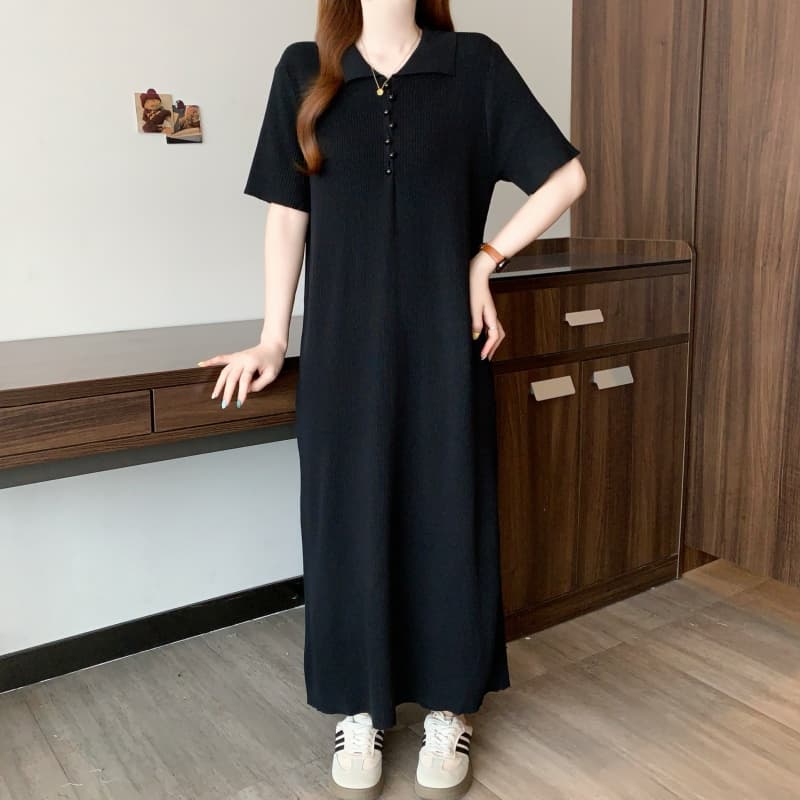 실사 빅 사이즈 여성 의류 봄 여름 고급 센스 니트 드레스 지방 mm 디자인 센스 POLO 칼라 슬림해 보이는 표지 배 롱 스커트 상세 이미지 10