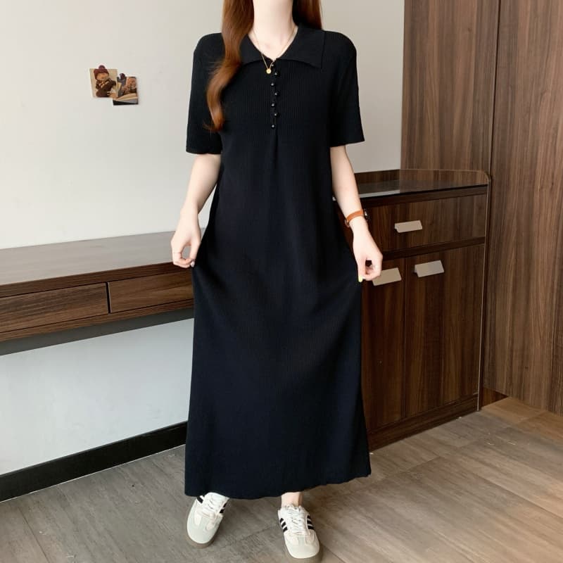 실사 빅 사이즈 여성 의류 봄 여름 고급 센스 니트 드레스 지방 mm 디자인 센스 POLO 칼라 슬림해 보이는 표지 배 롱 스커트 상세 이미지 11