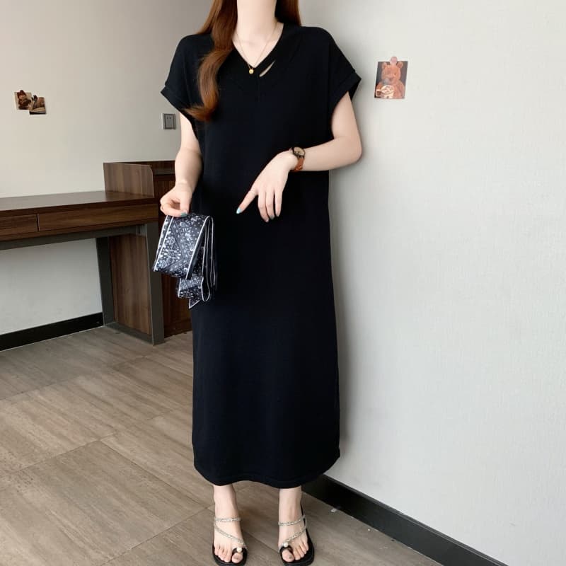 실사 빅 사이즈 여성 의류 봄 여름 한 부서 Chic V넥 경기 스카프 니트 드레스 디자인 센스 슬림해 보이는 치마 이미지 5