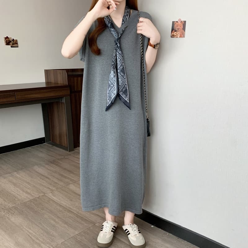 실사 빅 사이즈 여성 의류 봄 여름 한 부서 Chic V넥 경기 스카프 니트 드레스 디자인 센스 슬림해 보이는 치마 상세 이미지 7