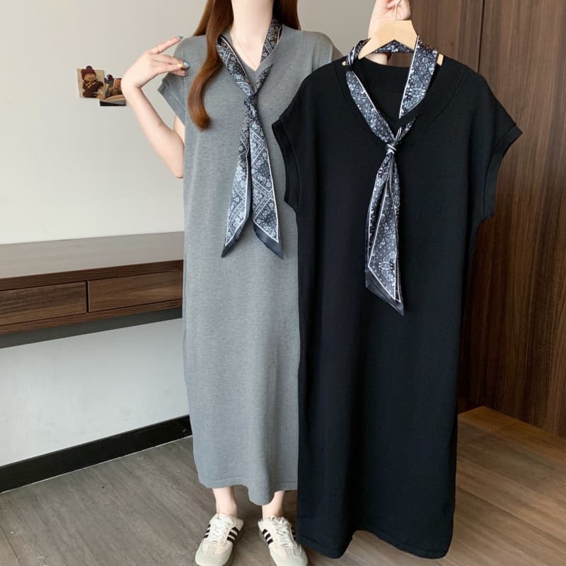 실사 빅 사이즈 여성 의류 봄 여름 한 부서 Chic V넥 경기 스카프 니트 드레스 디자인 센스 슬림해 보이는 치마 상세 이미지 9