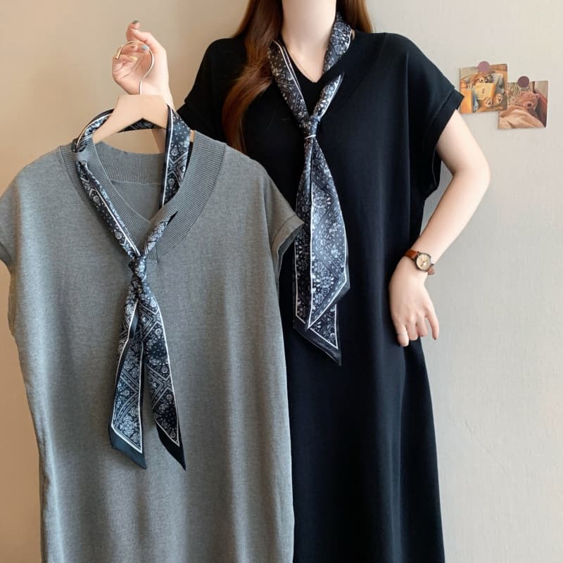 실사 빅 사이즈 여성 의류 봄 여름 한 부서 Chic V넥 경기 스카프 니트 드레스 디자인 센스 슬림해 보이는 치마 상세 이미지 17