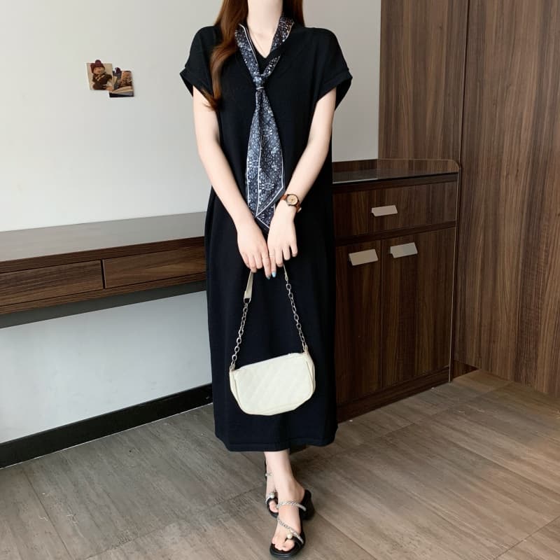 실사 빅 사이즈 여성 의류 봄 여름 한 부서 Chic V넥 경기 스카프 니트 드레스 디자인 센스 슬림해 보이는 치마 상세 이미지 21