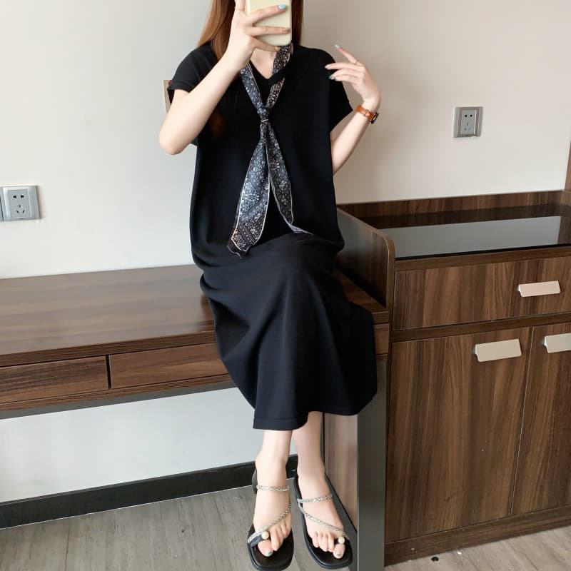 실사 빅 사이즈 여성 의류 봄 여름 한 부서 Chic V넥 경기 스카프 니트 드레스 디자인 센스 슬림해 보이는 치마 상세 이미지 23