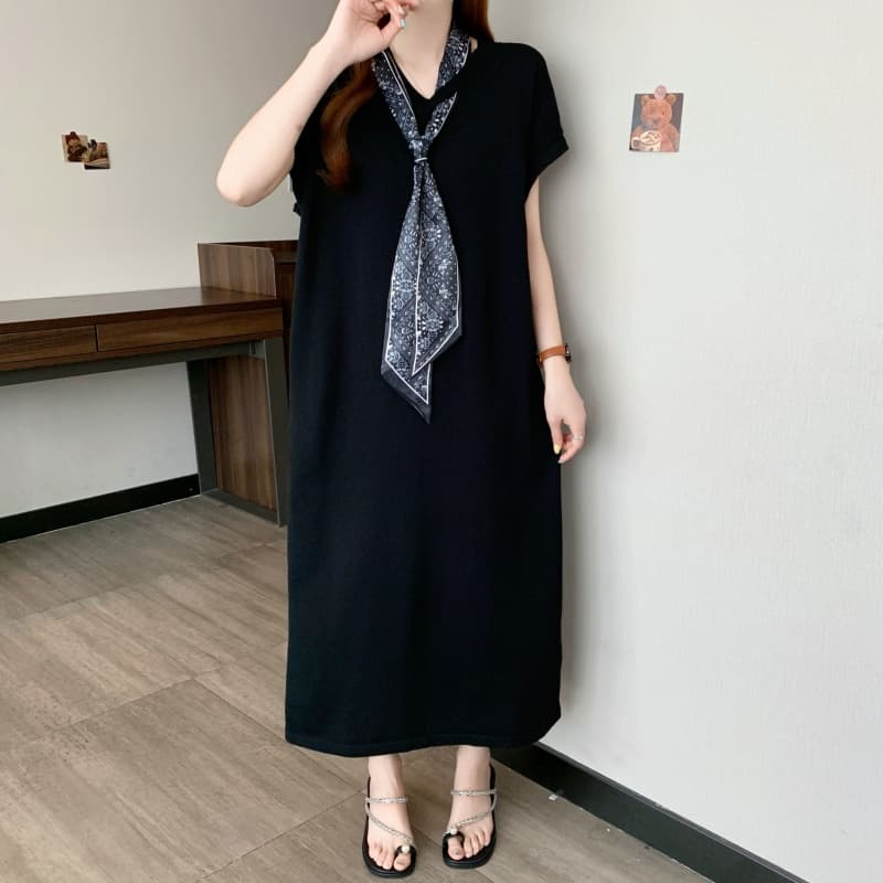 실사 빅 사이즈 여성 의류 봄 여름 한 부서 Chic V넥 경기 스카프 니트 드레스 디자인 센스 슬림해 보이는 치마 상세 이미지 24