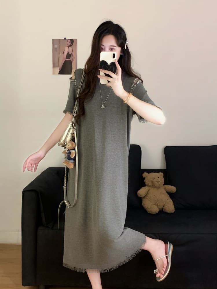 실사 빅 사이즈 여성 의류 지방 mm 여름 디자인 센스 오프숄더 비즈 박기 품격 슬림해 보이는 표지 배 스트레이트 티셔츠 치마 이미지 3