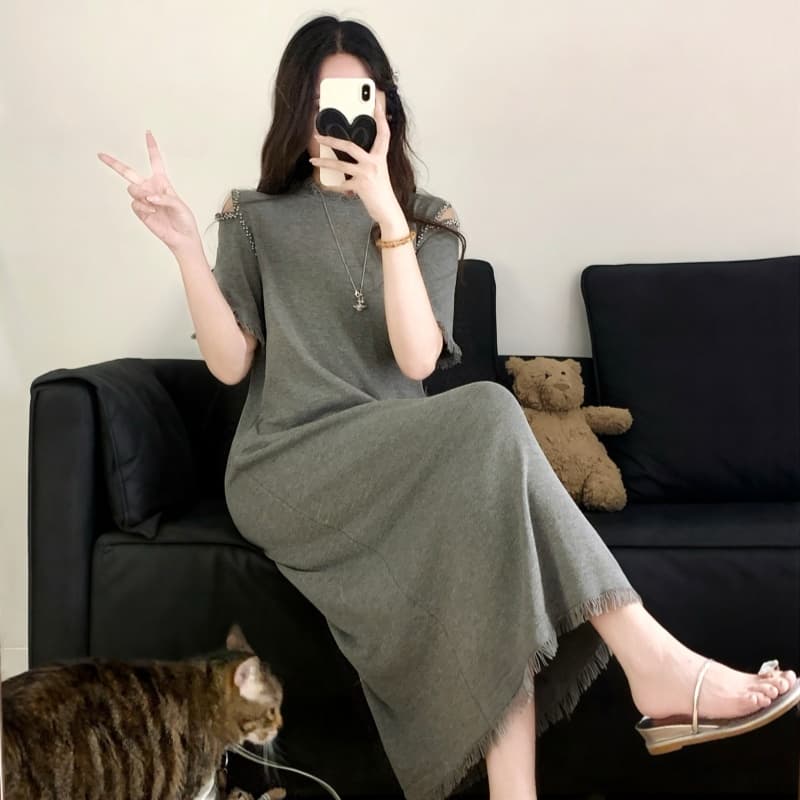 실사 빅 사이즈 여성 의류 지방 mm 여름 디자인 센스 오프숄더 비즈 박기 품격 슬림해 보이는 표지 배 스트레이트 티셔츠 치마 이미지 6