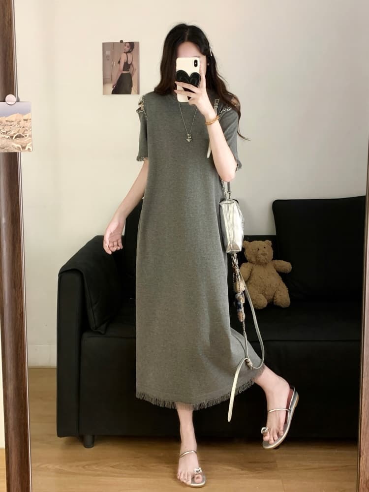실사 빅 사이즈 여성 의류 지방 mm 여름 디자인 센스 오프숄더 비즈 박기 품격 슬림해 보이는 표지 배 스트레이트 티셔츠 치마 상세 이미지 4