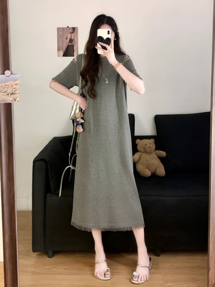 실사 빅 사이즈 여성 의류 지방 mm 여름 디자인 센스 오프숄더 비즈 박기 품격 슬림해 보이는 표지 배 스트레이트 티셔츠 치마 상세 이미지 9
