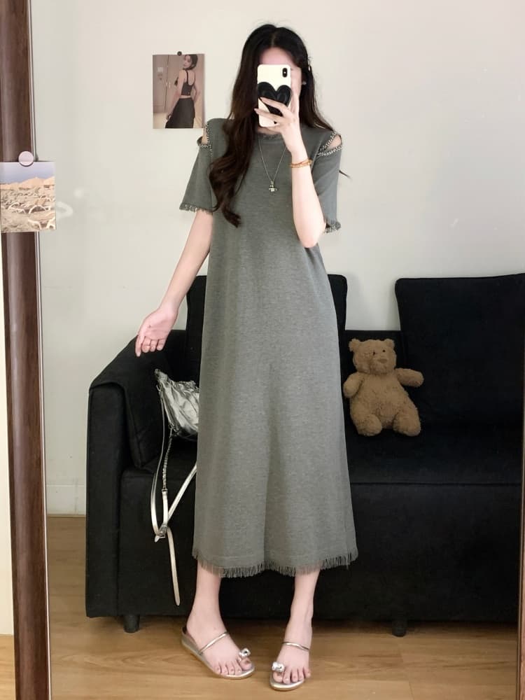 실사 빅 사이즈 여성 의류 지방 mm 여름 디자인 센스 오프숄더 비즈 박기 품격 슬림해 보이는 표지 배 스트레이트 티셔츠 치마 상세 이미지 11