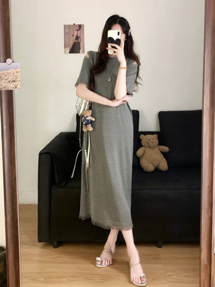 실사 빅 사이즈 여성 의류 지방 mm 여름 디자인 센스 오프숄더 비즈 박기 품격 슬림해 보이는 표지 배 스트레이트 티셔츠 치마 상세 이미지 13