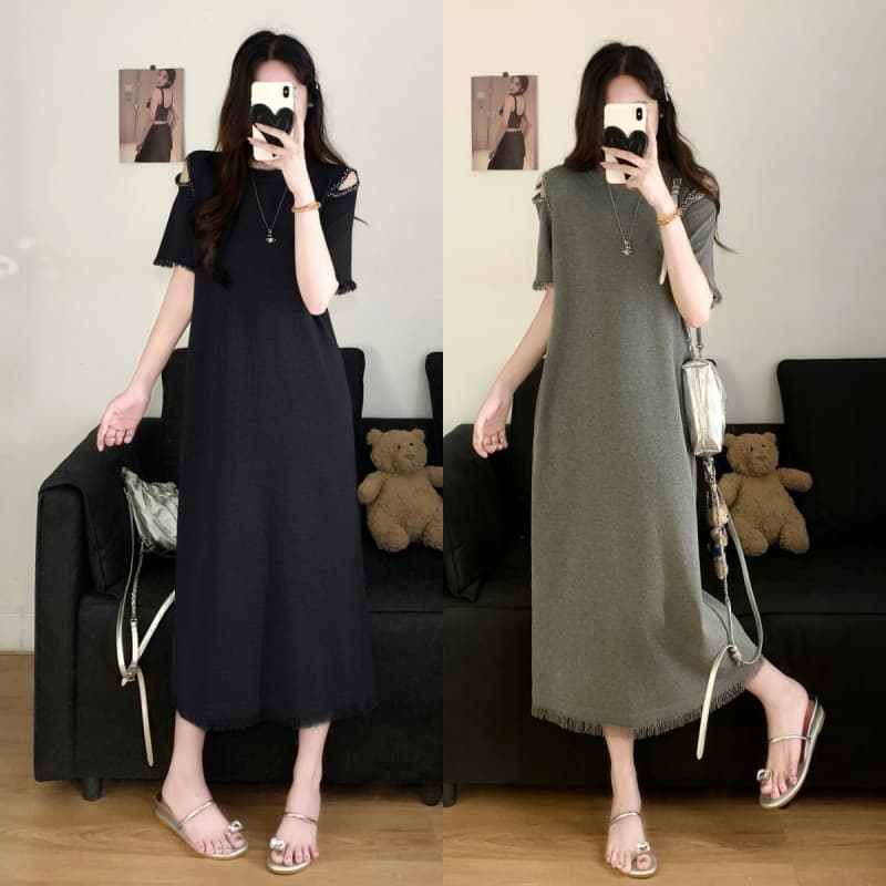 실사 빅 사이즈 여성 의류 지방 mm 여름 디자인 센스 오프숄더 비즈 박기 품격 슬림해 보이는 표지 배 스트레이트 티셔츠 치마 이미지 2