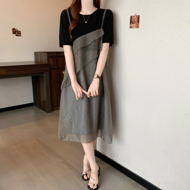 실사 빅 사이즈 여성 의류 지방 mm 패션 패치워크 페이크 레이어드 드레스 루즈핏 디자인 센스 슬림해 보이는 표지 배 치마 상세 이미지 1