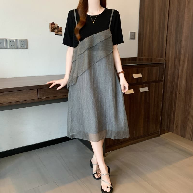 실사 빅 사이즈 여성 의류 지방 mm 패션 패치워크 페이크 레이어드 드레스 루즈핏 디자인 센스 슬림해 보이는 표지 배 치마 상세 이미지 11