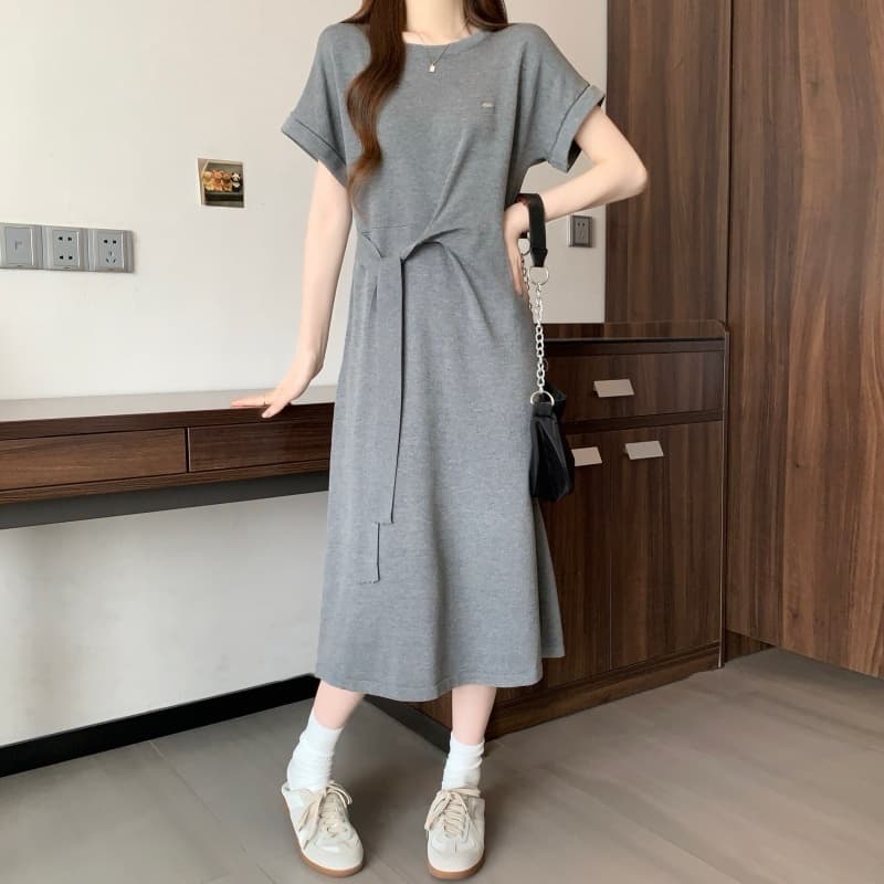실사 빅 사이즈 여성 의류 여름 프랑스식 주름 허리 수축 티셔츠 드레스 지방 mm 단색 몸매 가꾸기 슬림해 보이는 한 마디 롱 스커트 상세 이미지 5