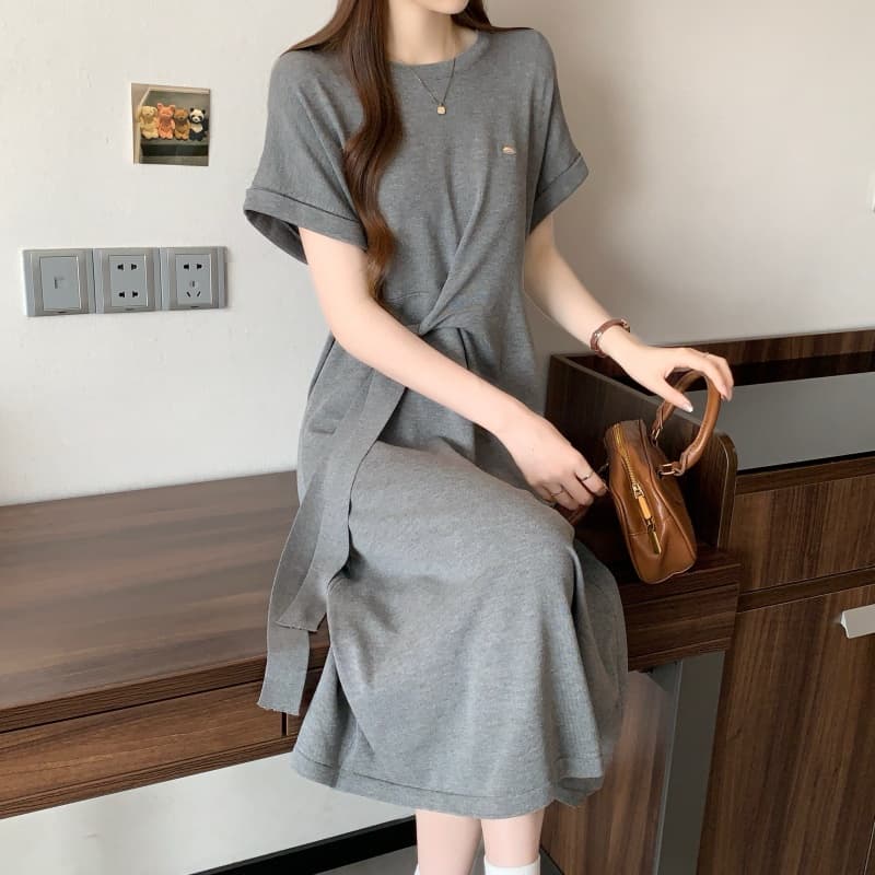 실사 빅 사이즈 여성 의류 여름 프랑스식 주름 허리 수축 티셔츠 드레스 지방 mm 단색 몸매 가꾸기 슬림해 보이는 한 마디 롱 스커트 상세 이미지 7