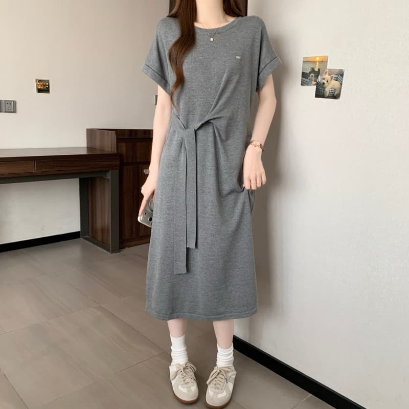 실사 빅 사이즈 여성 의류 여름 프랑스식 주름 허리 수축 티셔츠 드레스 지방 mm 단색 몸매 가꾸기 슬림해 보이는 한 마디 롱 스커트 상세 이미지 11