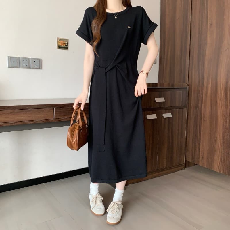 실사 빅 사이즈 여성 의류 여름 프랑스식 주름 허리 수축 티셔츠 드레스 지방 mm 단색 몸매 가꾸기 슬림해 보이는 한 마디 롱 스커트 상세 이미지 14