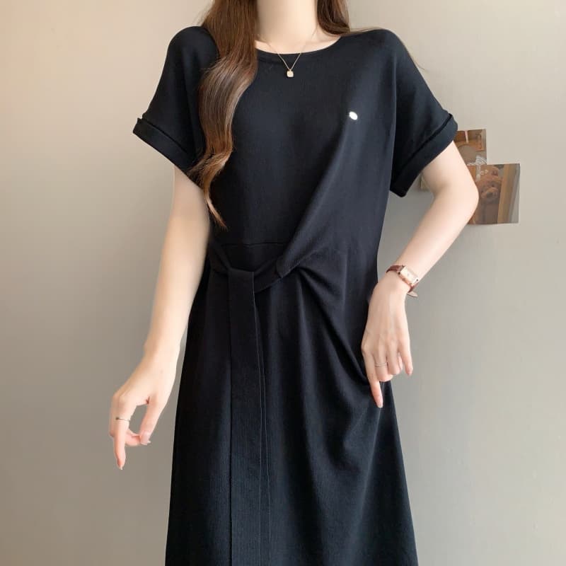 실사 빅 사이즈 여성 의류 여름 프랑스식 주름 허리 수축 티셔츠 드레스 지방 mm 단색 몸매 가꾸기 슬림해 보이는 한 마디 롱 스커트 상세 이미지 18