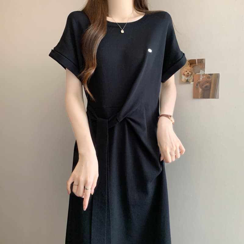 실사 빅 사이즈 여성 의류 여름 프랑스식 주름 허리 수축 티셔츠 드레스 지방 mm 단색 몸매 가꾸기 슬림해 보이는 한 마디 롱 스커트 상세 이미지 19