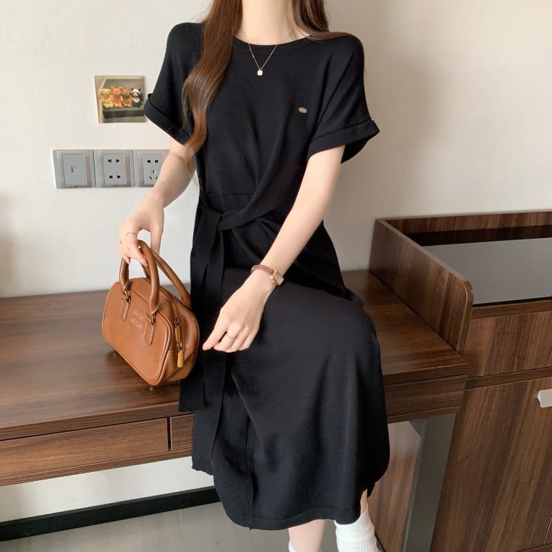 실사 빅 사이즈 여성 의류 여름 프랑스식 주름 허리 수축 티셔츠 드레스 지방 mm 단색 몸매 가꾸기 슬림해 보이는 한 마디 롱 스커트 상세 이미지 23