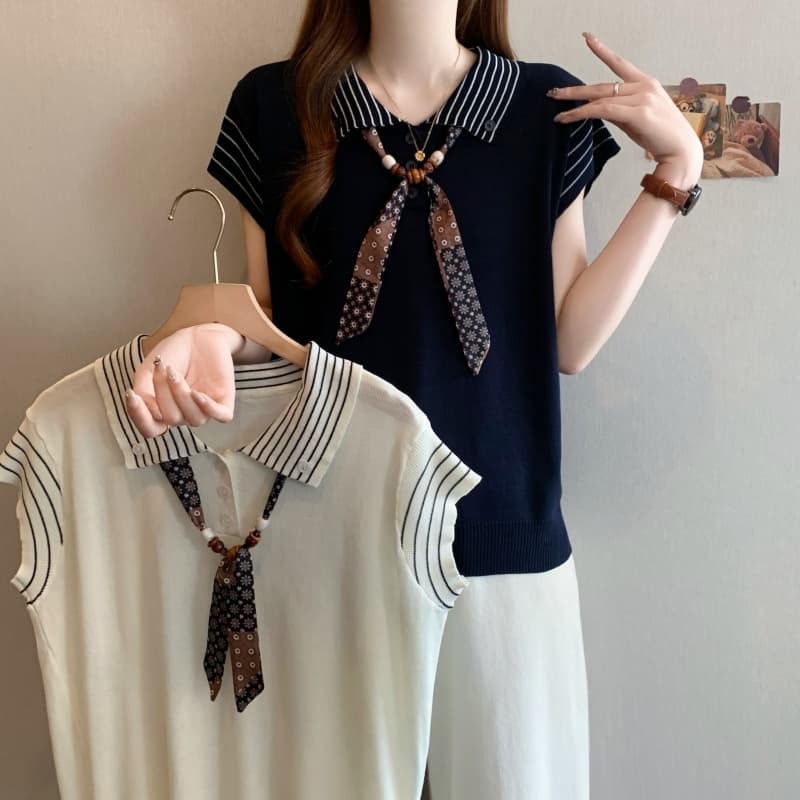 실사 빅 사이즈 여성 의류 스카프 POLO 칼라 Feifei 소매 짠 셔츠 여름 새로운 외국 가스 Chic 슬림해 보이는 맨위 상세 이미지 1