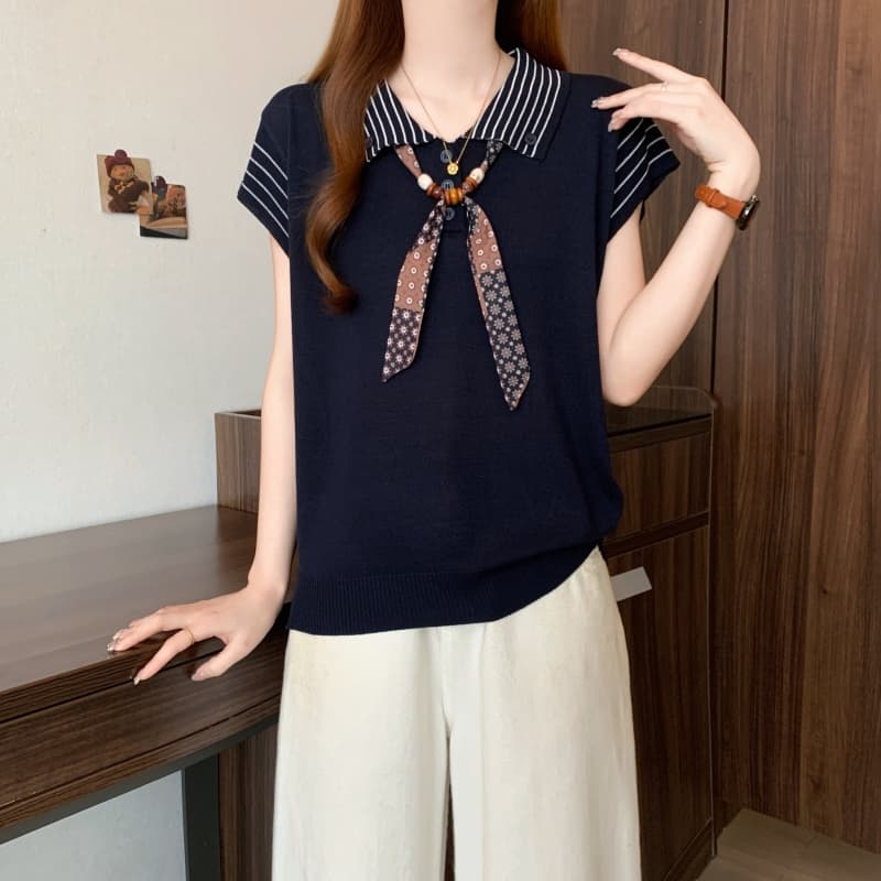 실사 빅 사이즈 여성 의류 스카프 POLO 칼라 Feifei 소매 짠 셔츠 여름 새로운 외국 가스 Chic 슬림해 보이는 맨위 상세 이미지 4