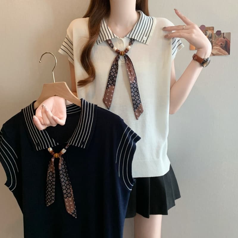 실사 빅 사이즈 여성 의류 스카프 POLO 칼라 Feifei 소매 짠 셔츠 여름 새로운 외국 가스 Chic 슬림해 보이는 맨위 상세 이미지 19