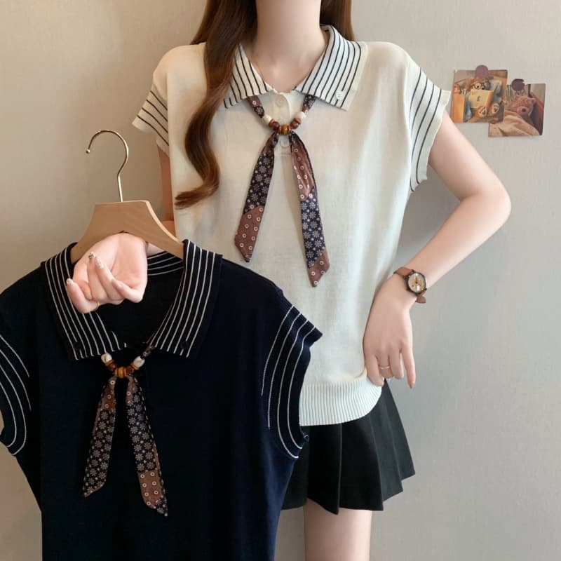 실사 빅 사이즈 여성 의류 스카프 POLO 칼라 Feifei 소매 짠 셔츠 여름 새로운 외국 가스 Chic 슬림해 보이는 맨위 상세 이미지 20