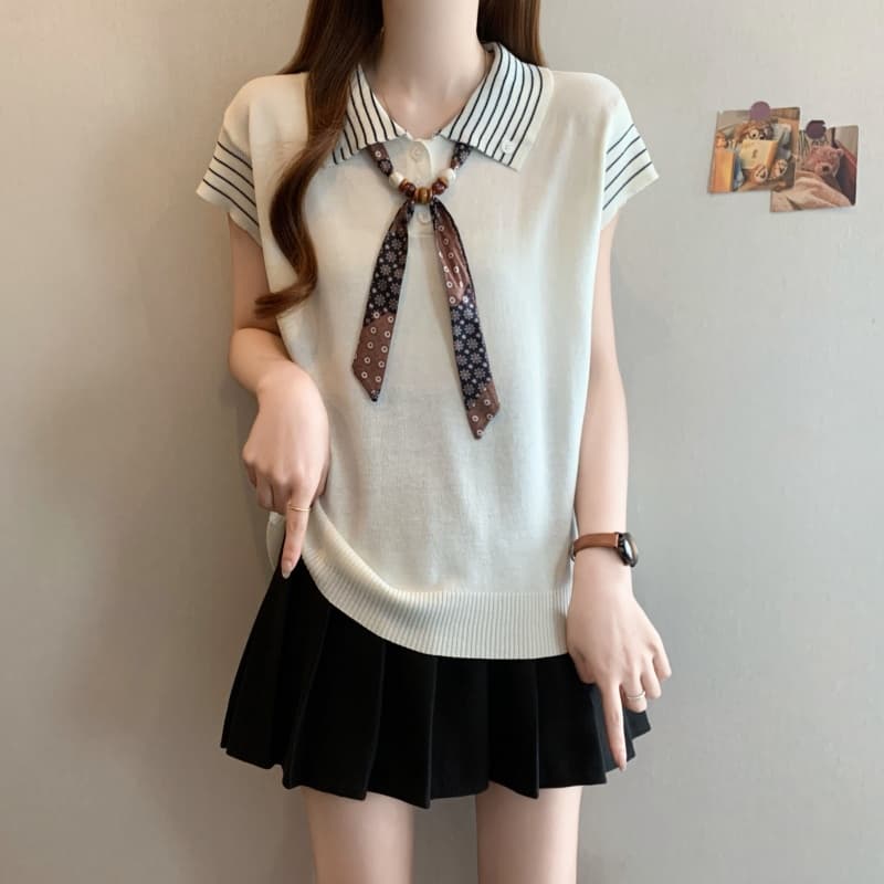 실사 빅 사이즈 여성 의류 스카프 POLO 칼라 Feifei 소매 짠 셔츠 여름 새로운 외국 가스 Chic 슬림해 보이는 맨위 상세 이미지 21