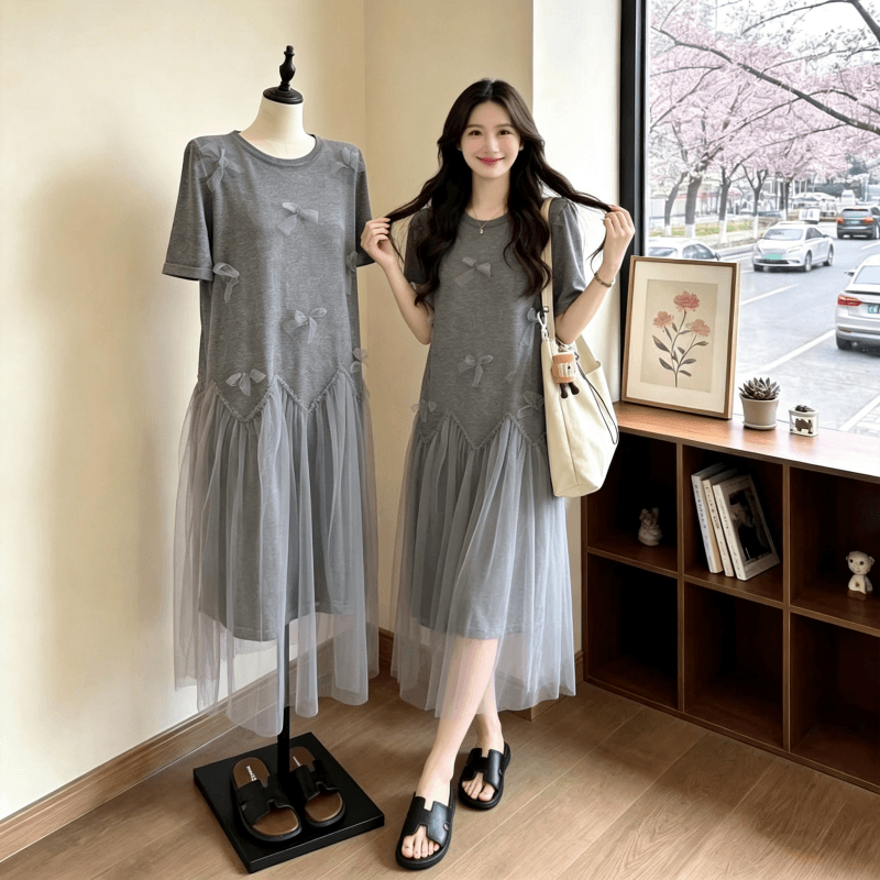 빅 사이즈 여성 의류 지방 mm 한 부서 나비 매듭 티셔츠 드레스 여름 슬림해 보이는 연령 감소 망사 루즈핏 드레스 상세 이미지 2