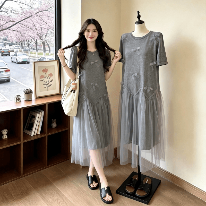 빅 사이즈 여성 의류 지방 mm 한 부서 나비 매듭 티셔츠 드레스 여름 슬림해 보이는 연령 감소 망사 루즈핏 드레스 상세 이미지 3