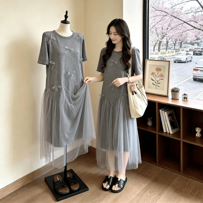 빅 사이즈 여성 의류 지방 mm 한 부서 나비 매듭 티셔츠 드레스 여름 슬림해 보이는 연령 감소 망사 루즈핏 드레스 상세 이미지 4