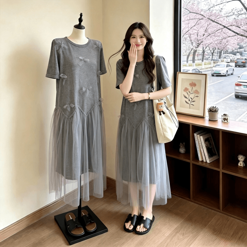 빅 사이즈 여성 의류 지방 mm 한 부서 나비 매듭 티셔츠 드레스 여름 슬림해 보이는 연령 감소 망사 루즈핏 드레스 상세 이미지 6
