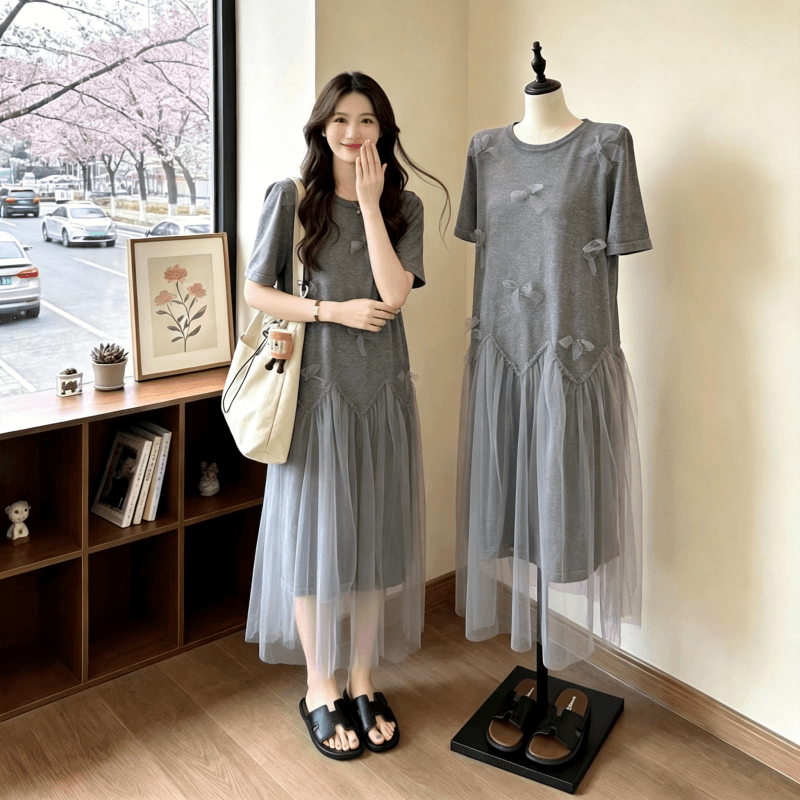빅 사이즈 여성 의류 지방 mm 한 부서 나비 매듭 티셔츠 드레스 여름 슬림해 보이는 연령 감소 망사 루즈핏 드레스 상세 이미지 7