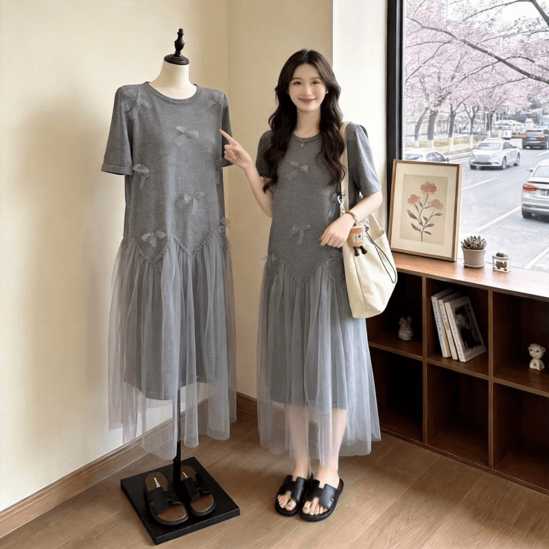 빅 사이즈 여성 의류 지방 mm 한 부서 나비 매듭 티셔츠 드레스 여름 슬림해 보이는 연령 감소 망사 루즈핏 드레스 상세 이미지 8